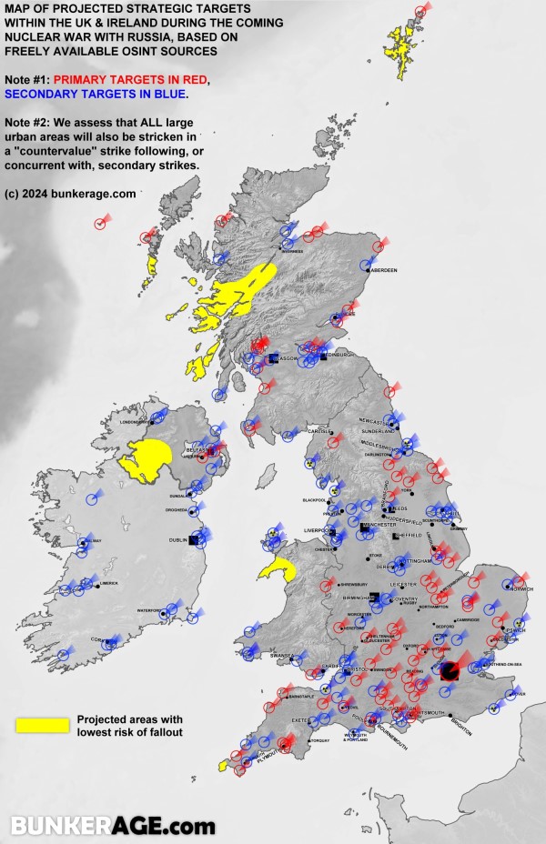 Map of WW3 blast zones + low fallout areas in the UK Map of WW3 blast zones + low fallout areas in the UK